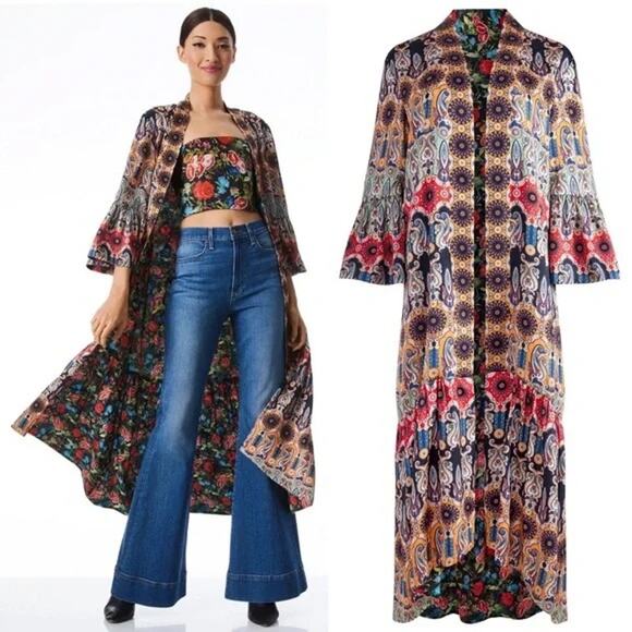 Alice + Olivia Dottie Reversible Now & Forever Tangerine Midi Kimono Jacket M/L - Picture 2 of 12